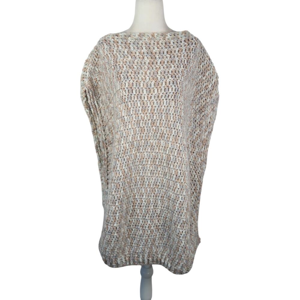 Vintage 80s Cream and Tan Marled Crochet Knit Sweater Vest Tunic XL